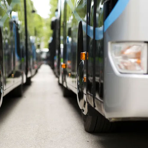Row of parked city buses